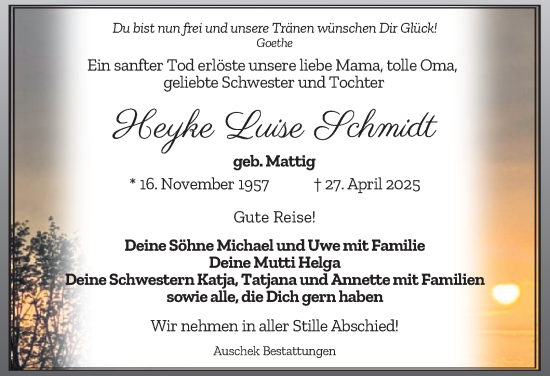 Traueranzeige von Heyke Luise Schmidt von Ostthüringer Zeitung