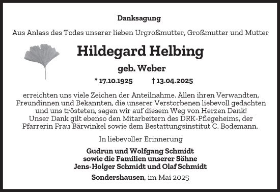 Traueranzeige von Hildegard Helbing