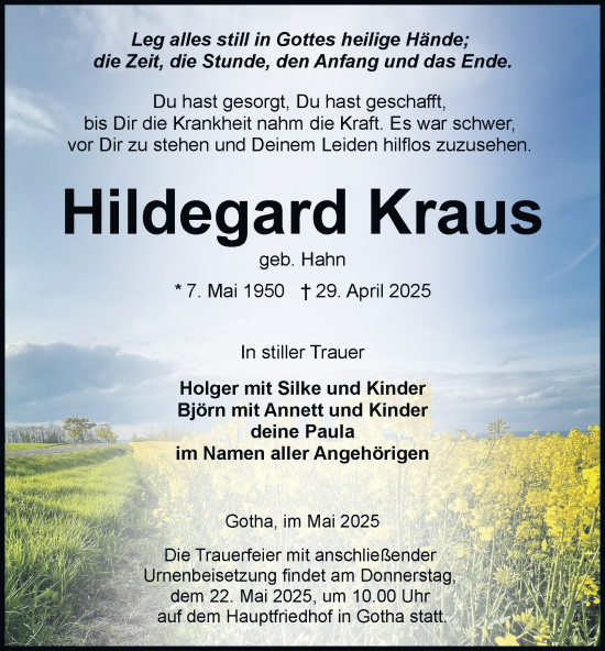 Traueranzeige von Hildegard Kraus von Thüringer Allgemeine, Thüringische Landeszeitung