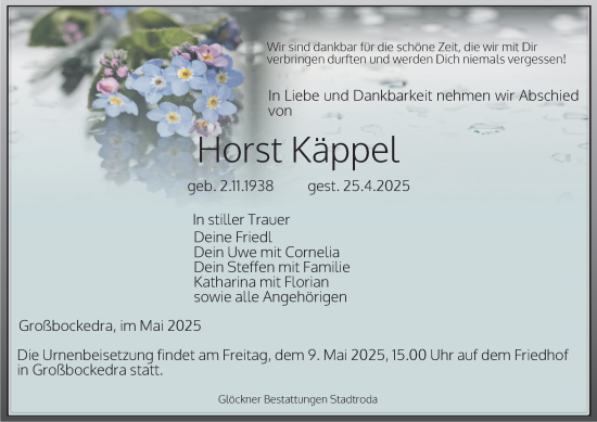Traueranzeige von Horst Käppel von Ostthüringer Zeitung