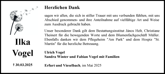 Traueranzeige von Ilka Vogel von Thüringer Allgemeine, Thüringische Landeszeitung