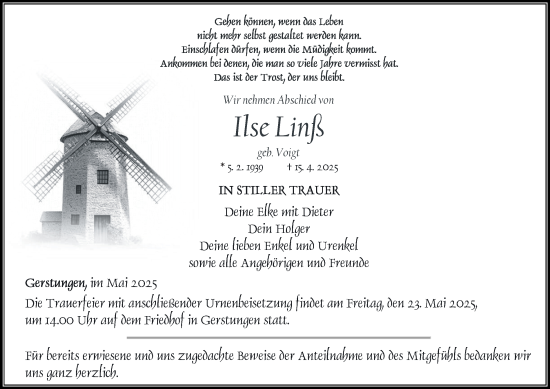 Traueranzeige von Ilse Linß von Thüringer Allgemeine, Thüringische Landeszeitung
