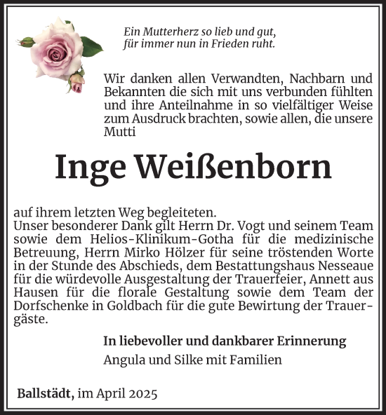 Traueranzeige von Inge Weißenborn von Thüringer Allgemeine, Thüringische Landeszeitung