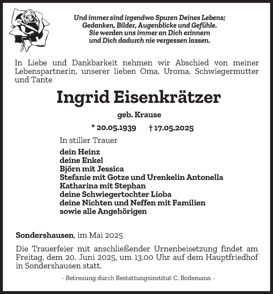 Traueranzeige von Ingrid Eisenkrätzer von Thüringer Allgemeine