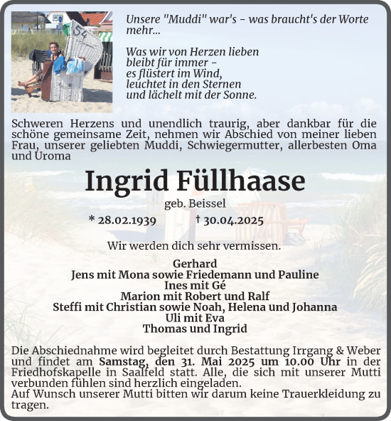Traueranzeige von Ingrid Füllhaase von Ostthüringer Zeitung