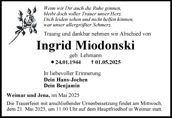 Traueranzeige von Ingrid Miodonski von Thüringer Allgemeine, Thüringische Landeszeitung