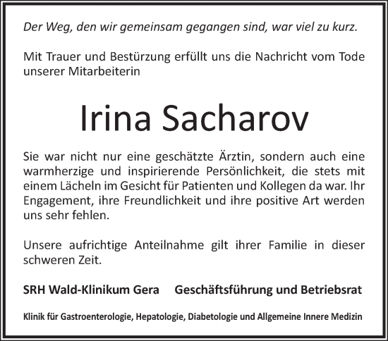 Traueranzeige von Irina Sacharov von Ostthüringer Zeitung