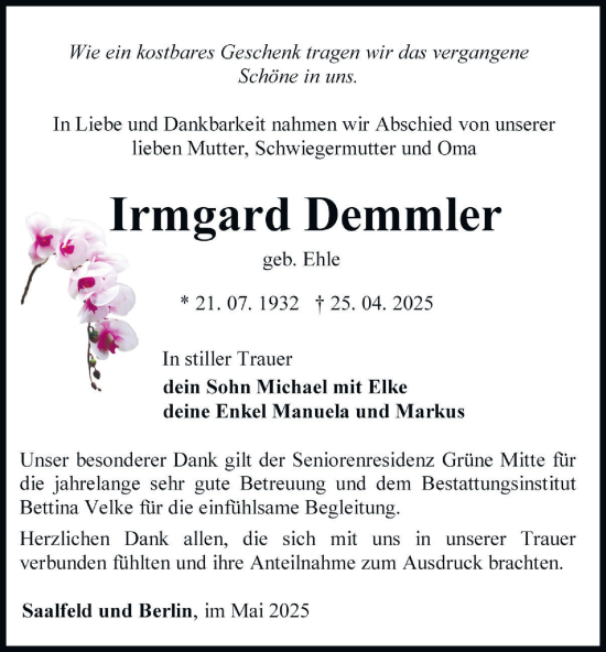 Traueranzeige von Irmgard Demmler von Ostthüringer Zeitung