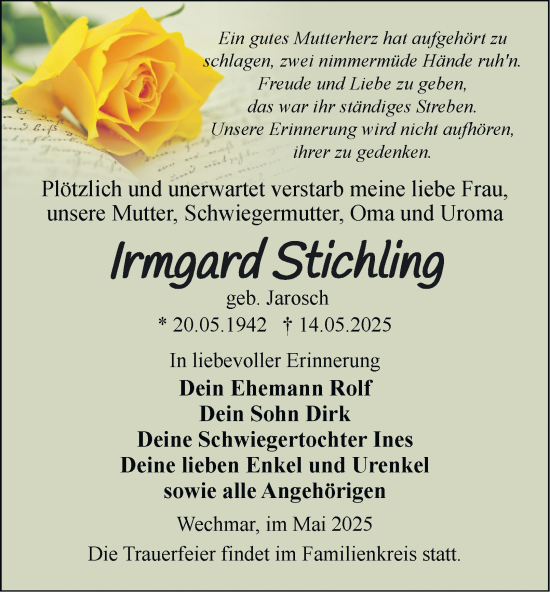 Traueranzeige von Irmgard Stichling von Thüringer Allgemeine, Thüringische Landeszeitung