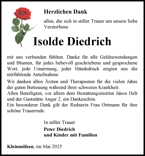 Traueranzeige von Isolde Diedrich von Thüringer Allgemeine, Thüringische Landeszeitung
