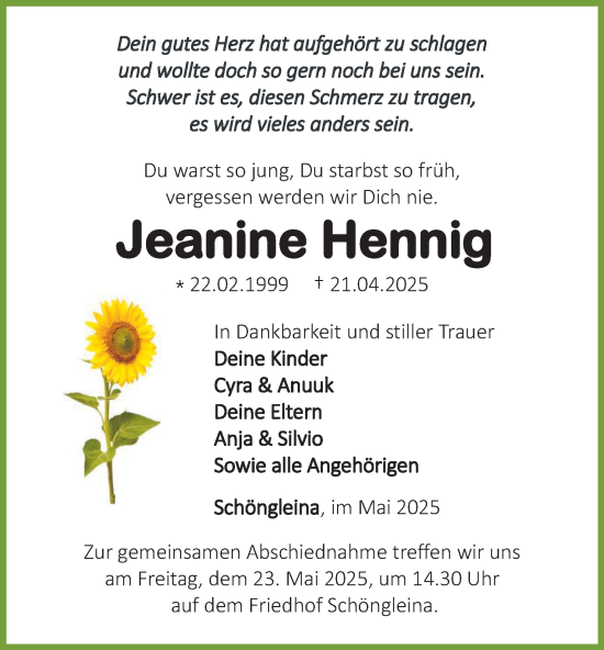 Traueranzeige von Jeanine Hennig von Ostthüringer Zeitung