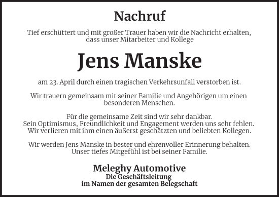 Traueranzeige von Jens Manske