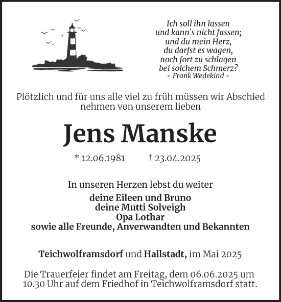 Traueranzeige von Jens Manske von Ostthüringer Zeitung