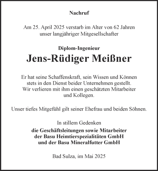 Traueranzeige von Jens-Rüdiger Meißner von Thüringer Allgemeine, Thüringische Landeszeitung