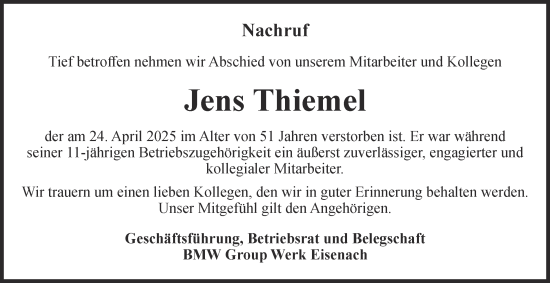 Traueranzeige von Jens Thiemel von Thüringer Allgemeine, Thüringische Landeszeitung