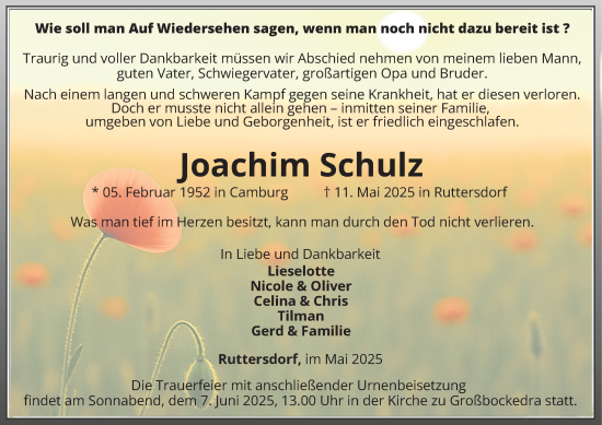 Traueranzeige von Joachim Schulz von Ostthüringer Zeitung