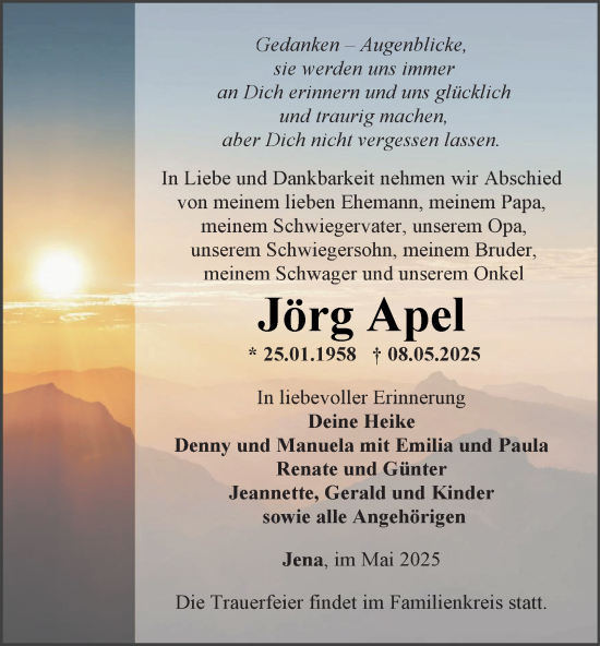 Traueranzeige von Jörg Apel von Ostthüringer Zeitung, Thüringische Landeszeitung