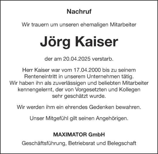 Traueranzeige von Jörg Kaiser von Thüringer Allgemeine