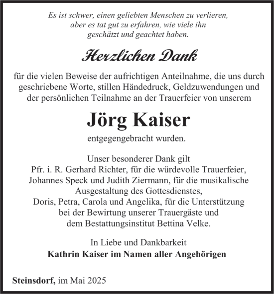 Traueranzeige von Jörg Kaiser von Ostthüringer Zeitung