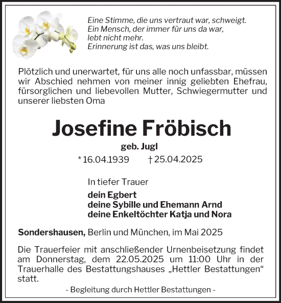 Traueranzeige von Josefine Fröbisch von Thüringer Allgemeine