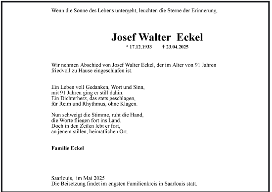 Traueranzeige von Josef Walter Eckel von Thüringer Allgemeine, Thüringische Landeszeitung