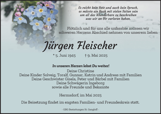 Traueranzeige von Jürgen Fleischer von Ostthüringer Zeitung