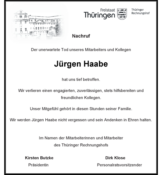 Traueranzeige von Jürgen Haabe von Ostthüringer Zeitung