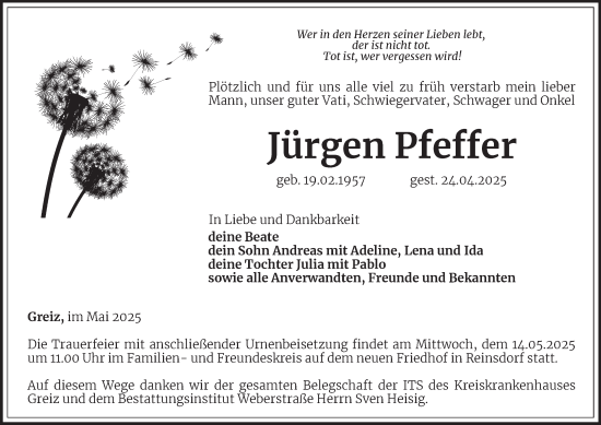 Traueranzeige von Jürgen Pfeffer von Ostthüringer Zeitung