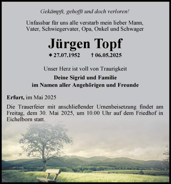 Traueranzeige von Jürgen Topf von Thüringer Allgemeine, Thüringische Landeszeitung