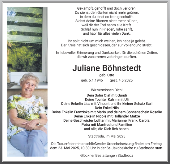 Traueranzeige von Juliane Böhnstedt von Thüringer Allgemeine