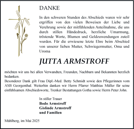 Traueranzeige von Jutta Armstroff von Thüringer Allgemeine, Thüringische Landeszeitung