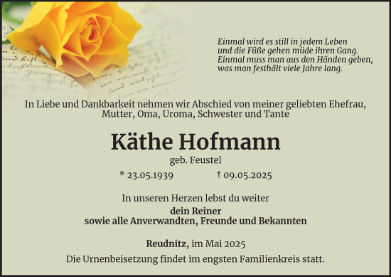Traueranzeige von Käthe Hofmann von Ostthüringer Zeitung