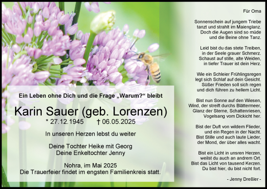 Traueranzeige von Karin Sauer von Thüringer Allgemeine, Thüringische Landeszeitung