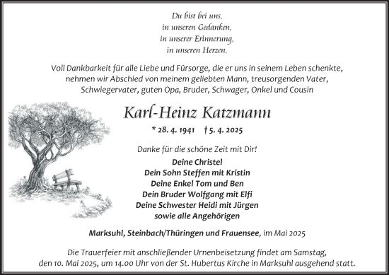 Traueranzeige von Karl-Heinz Katzmann von Thüringer Allgemeine, Thüringische Landeszeitung
