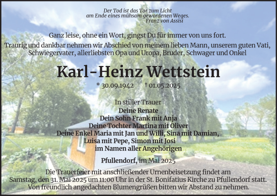 Traueranzeige von Karl-Heinz Wettstein von Thüringer Allgemeine, Thüringische Landeszeitung