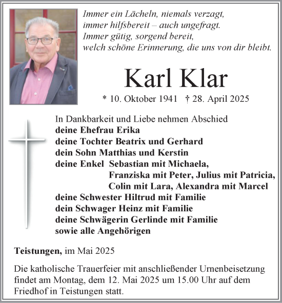 Traueranzeige von Karl Klar von Thüringer Allgemeine