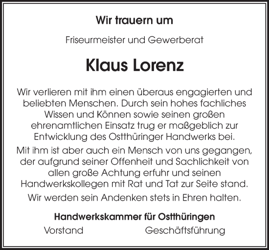 Traueranzeige von Klaus Lorenz von Ostthüringer Zeitung