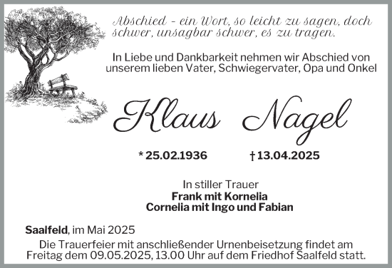 Traueranzeige von Klaus Nagel von Ostthüringer Zeitung