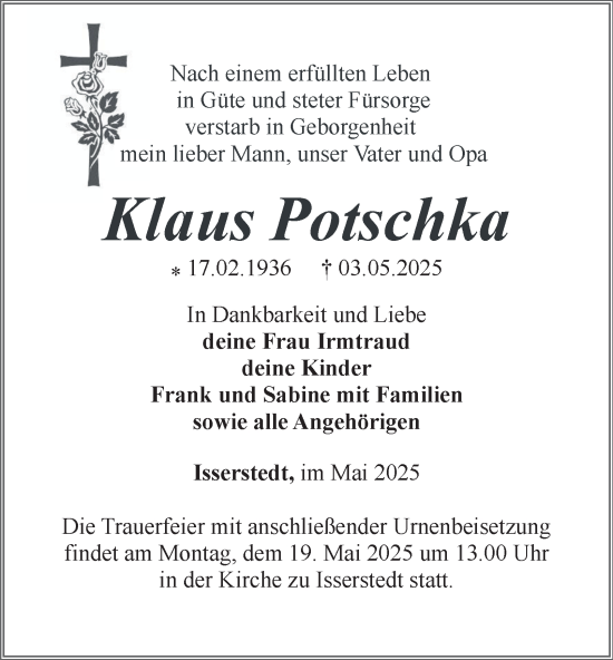 Traueranzeige von Klaus Potschka von Ostthüringer Zeitung, Thüringische Landeszeitung