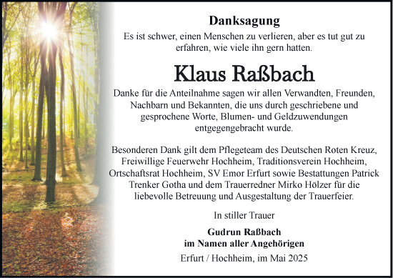 Traueranzeige von Klaus Raßbach von Thüringer Allgemeine, Thüringische Landeszeitung