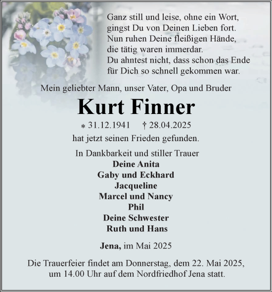 Traueranzeige von Kurt Finner von Ostthüringer Zeitung, Thüringische Landeszeitung
