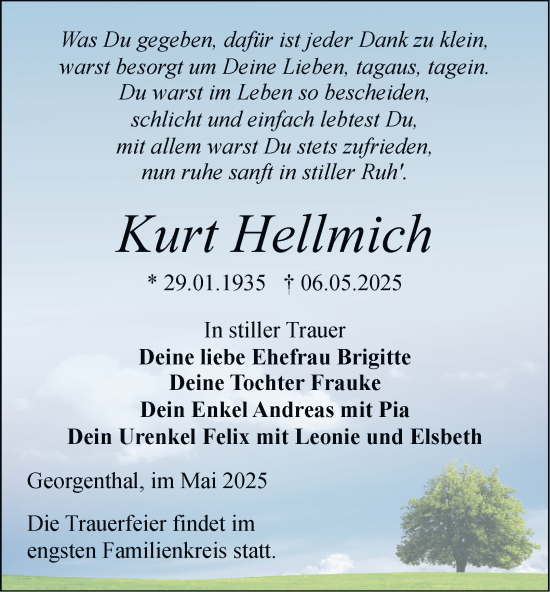 Traueranzeige von Kurt Hellmich von Thüringer Allgemeine, Thüringische Landeszeitung