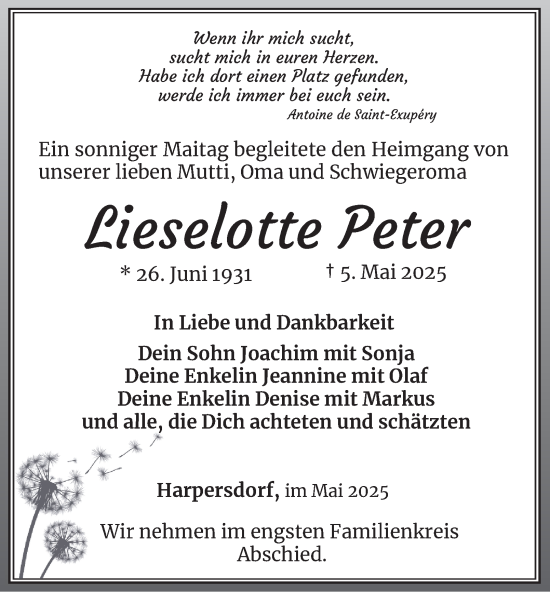 Traueranzeige von Lieselotte Peter von Ostthüringer Zeitung