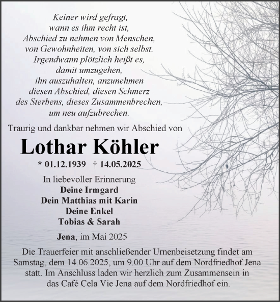 Traueranzeige von Lothar Köhler von Ostthüringer Zeitung