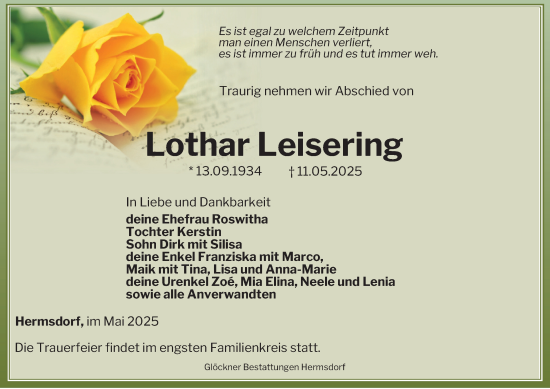 Traueranzeige von Lothar Leisering von Ostthüringer Zeitung