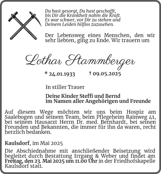 Traueranzeige von Lothar Stammberger von Ostthüringer Zeitung