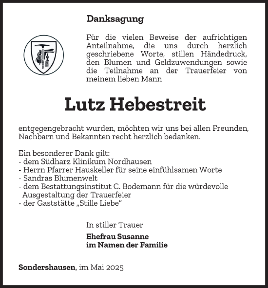 Traueranzeige von Lutz Hebestreit von Thüringer Allgemeine