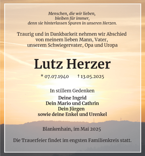 Traueranzeige von Lutz Herzer von Thüringer Allgemeine, Thüringische Landeszeitung