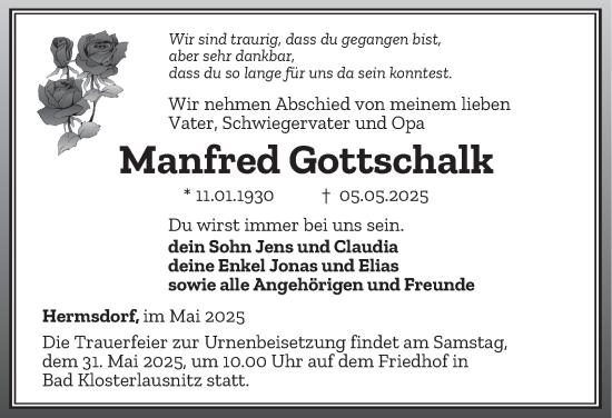 Traueranzeige von Manfred Gottschalk von Ostthüringer Zeitung