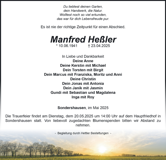 Traueranzeige von Manfred Heßler von Thüringer Allgemeine
